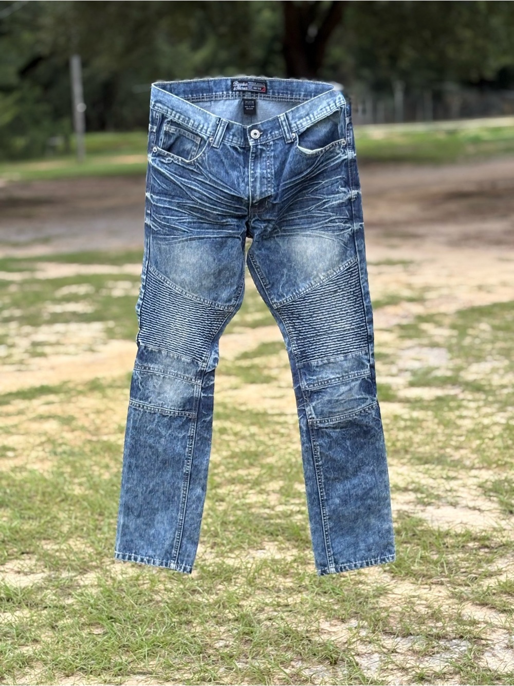 Slim Straight Blue Washed Moto Jeans - Unbranded
